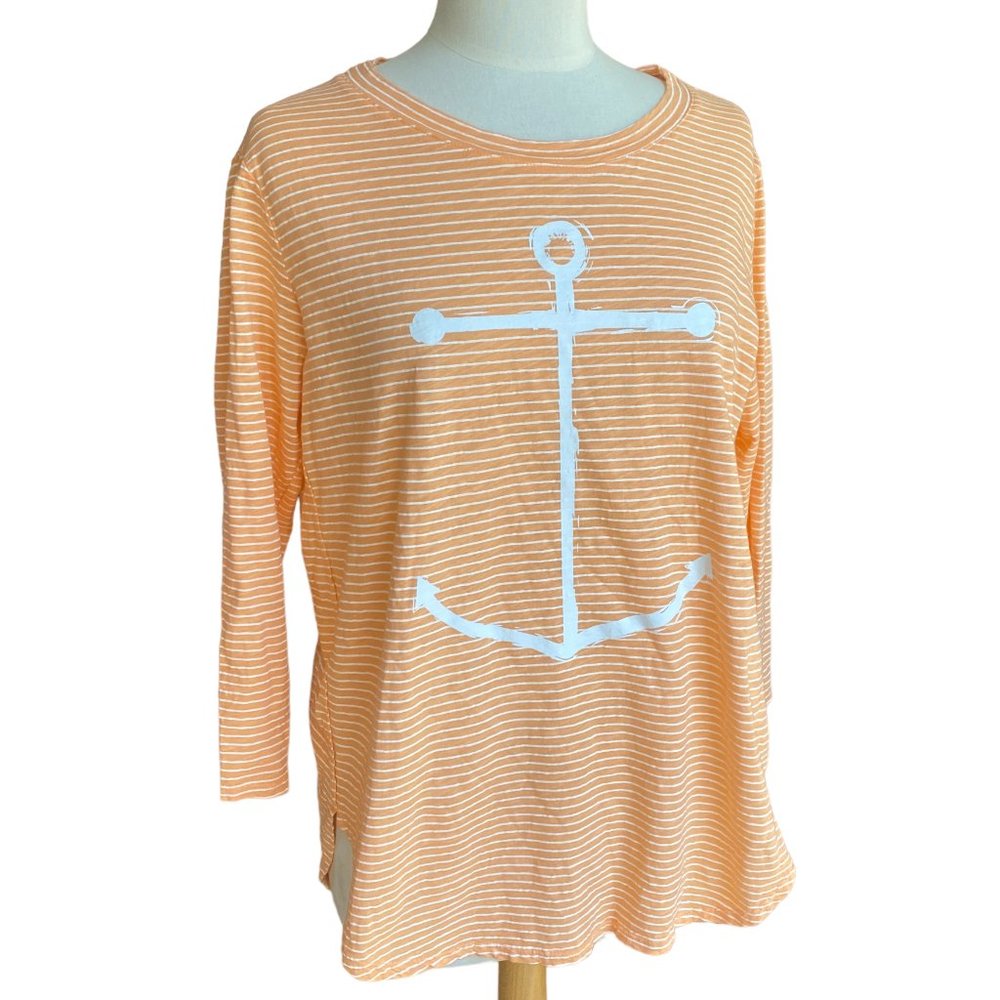 Fresh Produce Nautical Striped Anchor Top Peach 3/4 Sleeve Catalina Beachy-M